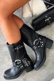 Lena | Women's Black Buckle Harness Chunky Heel Boots with Platform Comfortable