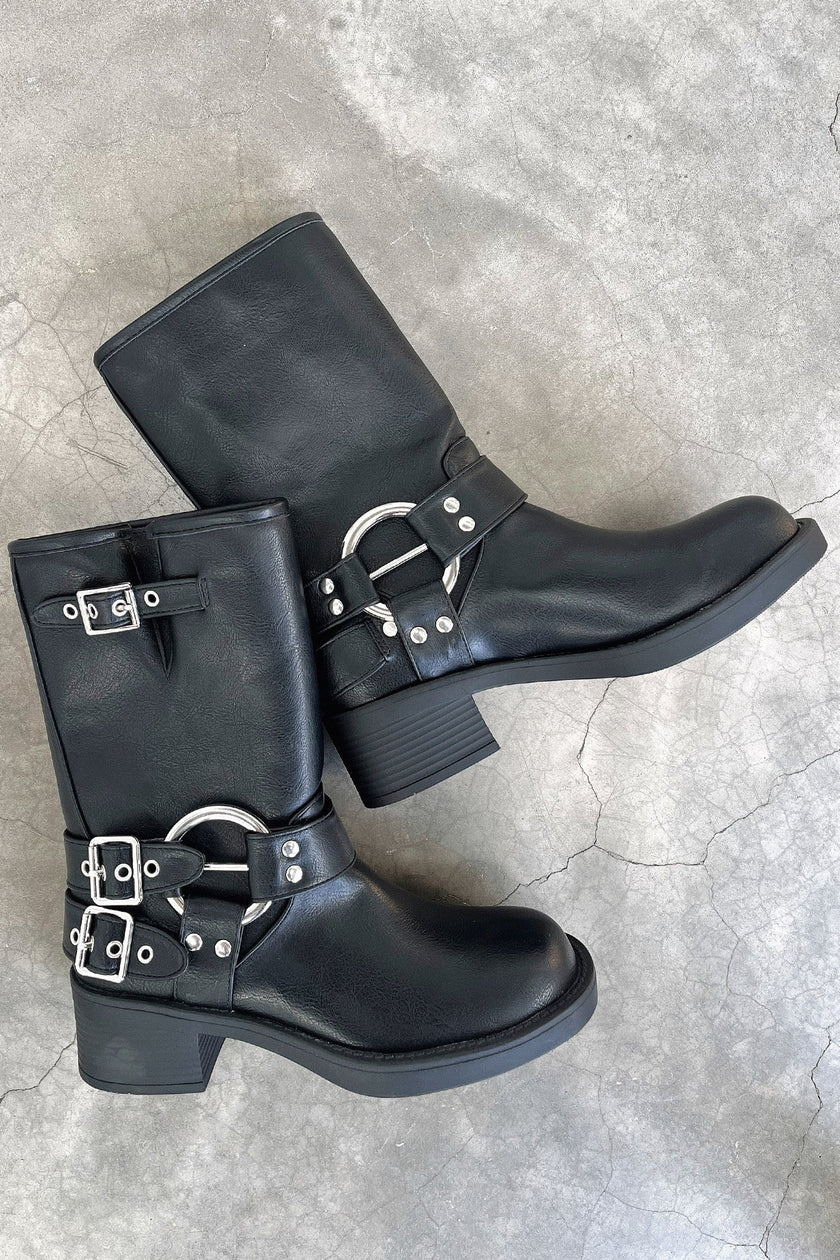 Lena | Women's Black Buckle Harness Chunky Heel Boots with Platform Comfortable