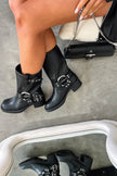 Lena | Women's Black Buckle Harness Chunky Heel Boots with Platform Comfortable