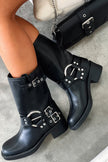 Lena | Women's Black Buckle Harness Chunky Heel Boots with Platform Comfortable