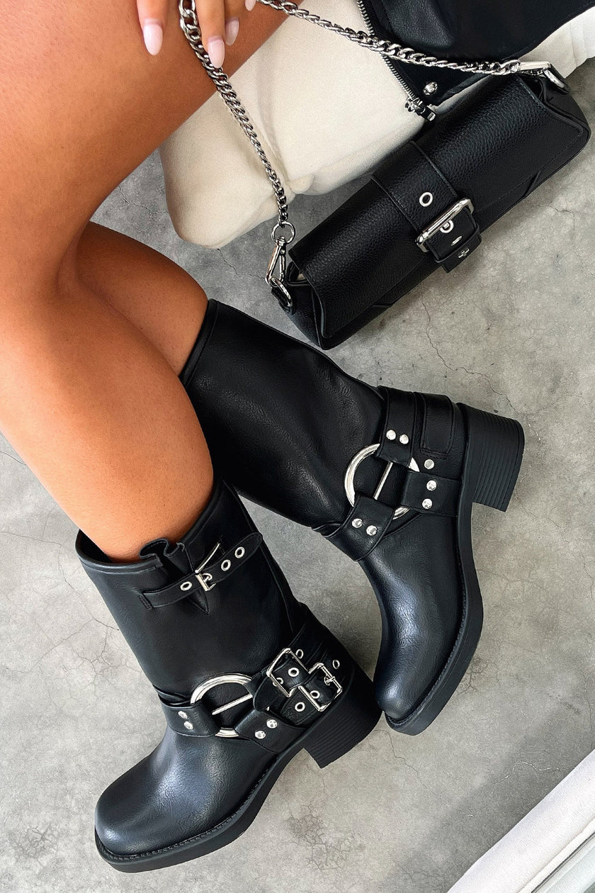 Lena | Women's Black Buckle Harness Chunky Heel Boots with Platform Comfortable