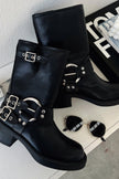 Lena | Women's Black Buckle Harness Chunky Heel Boots with Platform Comfortable
