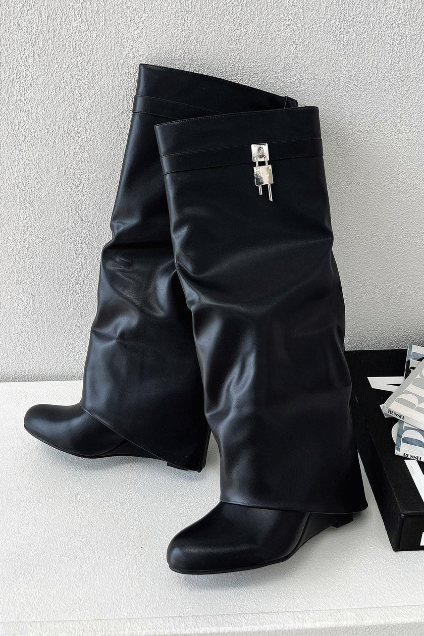 Freya | Women's Black Knee High Wedge Slouch Boots with Pointed-Toe Comfortable