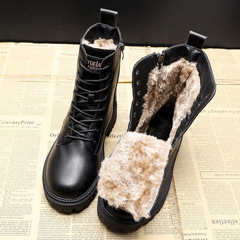 Sasha | Women's Black Leather Lace Up Ankle Boots with Platform Chunky