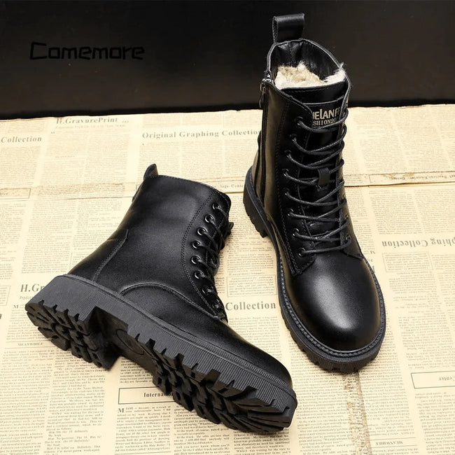 Sasha | Women's Black Leather Lace Up Ankle Boots with Platform Chunky