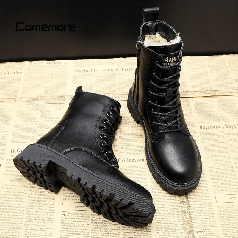 Sasha | Women's Black Leather Lace Up Ankle Boots with Platform Chunky