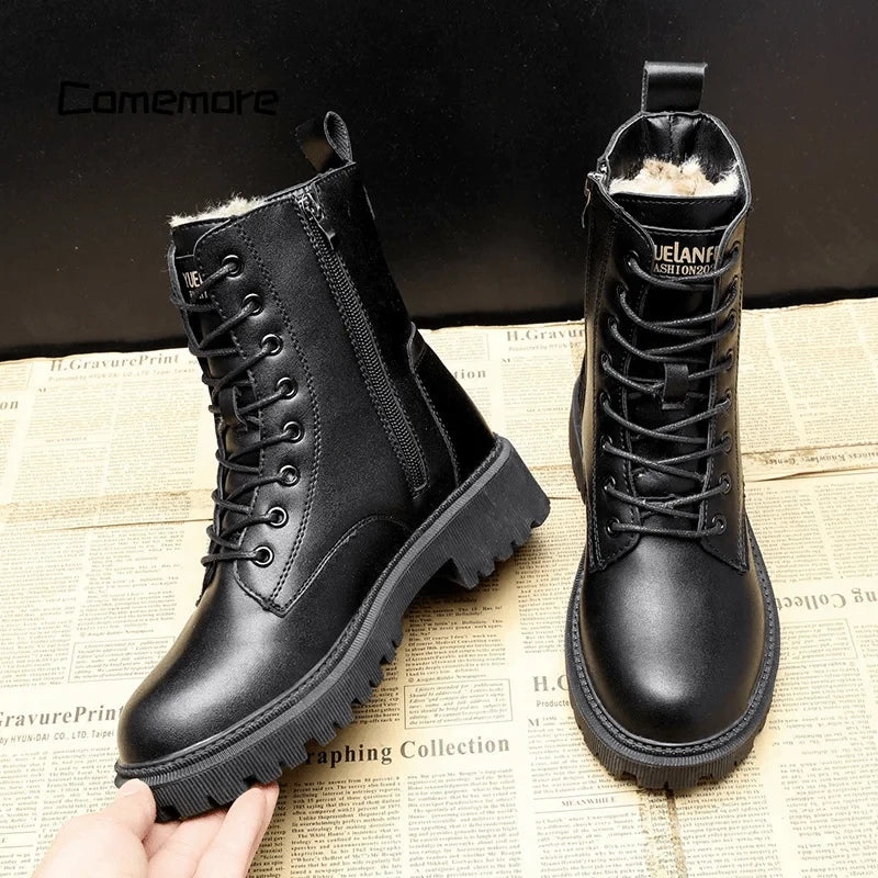 Sasha | Women's Black Leather Lace Up Ankle Boots with Platform Chunky