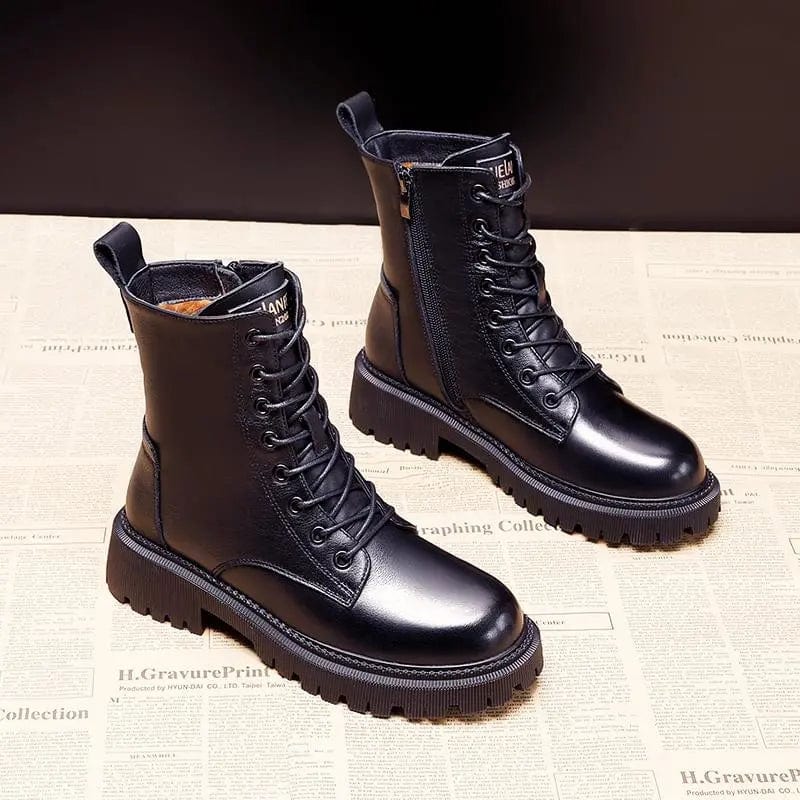 Sasha | Women's Black Leather Lace Up Ankle Boots with Platform Chunky