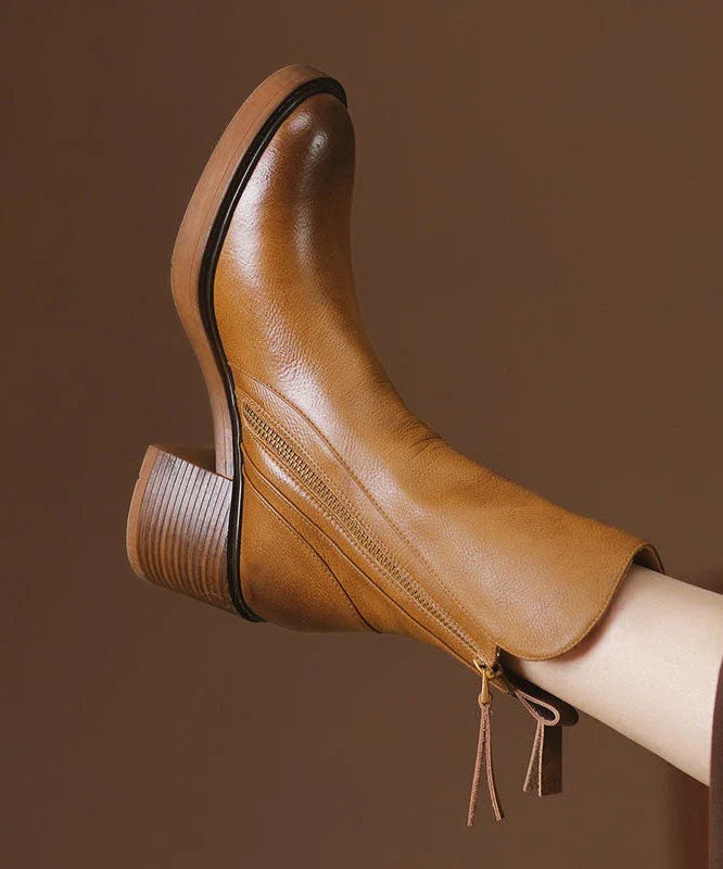Elise | Women's Brown Leather Chunky Splicing Zippered Boots with Comfortable Casual