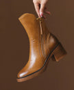 Elise | Women's Brown Leather Chunky Splicing Zippered Boots with Comfortable Casual