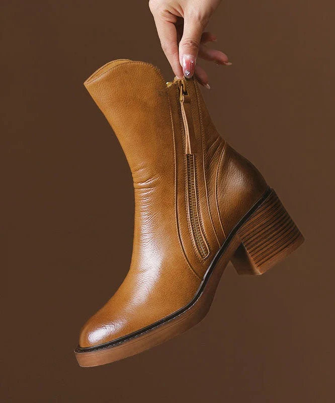 Elise | Women's Brown Leather Chunky Splicing Zippered Boots with Comfortable Casual