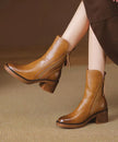 Elise | Women's Brown Leather Chunky Splicing Zippered Boots with Comfortable Casual
