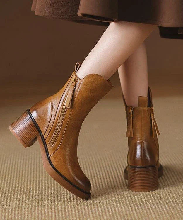 Elise | Women's Brown Leather Chunky Splicing Zippered Boots with Comfortable Casual
