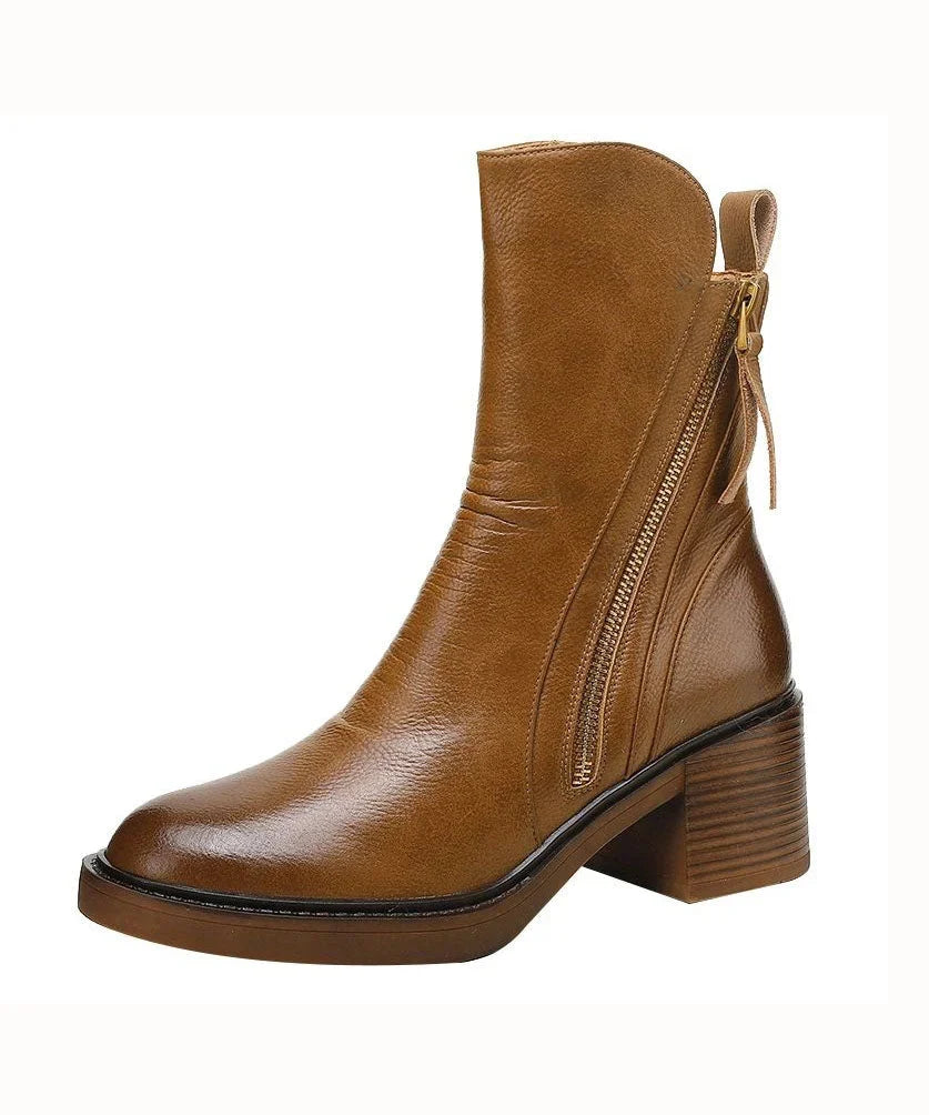 Elise | Women's Brown Leather Chunky Splicing Zippered Boots with Comfortable Casual