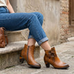 Elise | Women's Brown Leather Floral Ankle Boots with Block-Heel Comfortable Casual