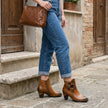 Elise | Women's Brown Leather Floral Ankle Boots with Block-Heel Comfortable Casual