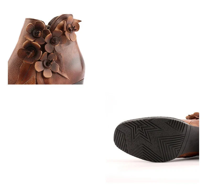 Elise | Women's Brown Leather Floral Ankle Boots with Block-Heel Comfortable Casual