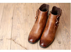 Elise | Women's Brown Leather Floral Ankle Boots with Block-Heel Comfortable Casual