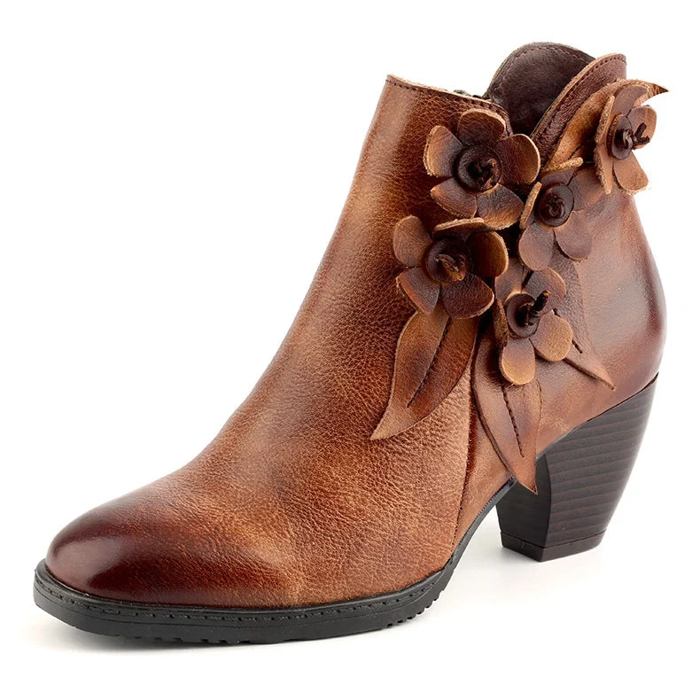 Elise | Women's Brown Leather Floral Ankle Boots with Block-Heel Comfortable Casual