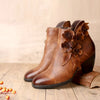Elise | Women's Brown Leather Floral Ankle Boots with Block-Heel Comfortable Casual