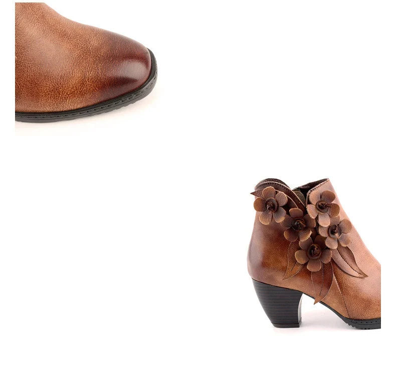 Elise | Women's Brown Leather Floral Ankle Boots with Block-Heel Comfortable Casual