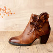 Elise | Women's Brown Leather Floral Ankle Boots with Block-Heel Comfortable Casual