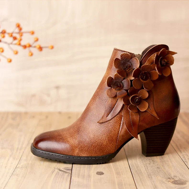 Elise | Women's Brown Leather Floral Ankle Boots with Block-Heel Comfortable Casual