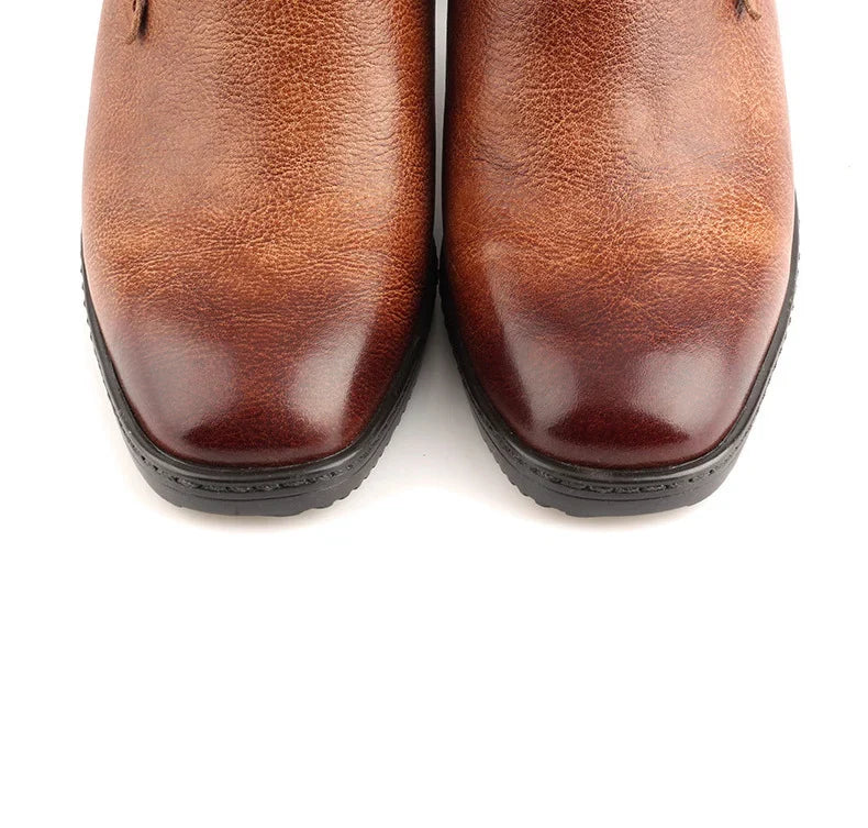 Elise | Women's Brown Leather Floral Ankle Boots with Block-Heel Comfortable Casual