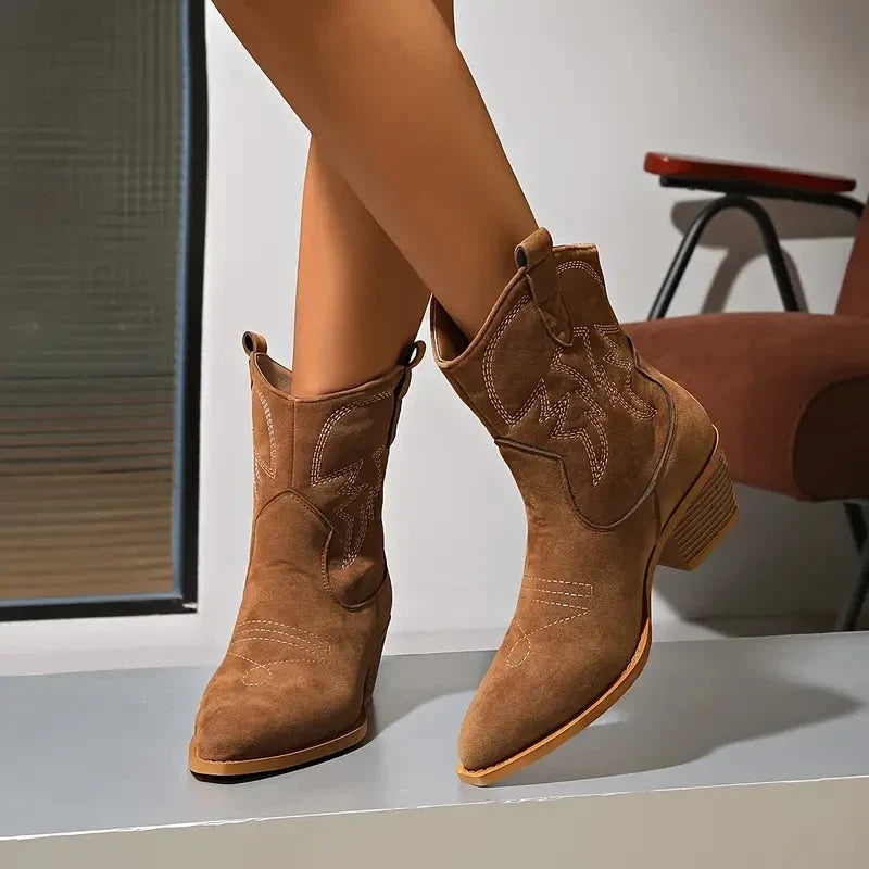 Nore | Women's Brown Suede Cowboy Ankle Block Heel Boots with Pointed-Toe