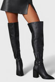 Merel | Women's Knee High Block Heel Black Leather Boots with Comfortable
