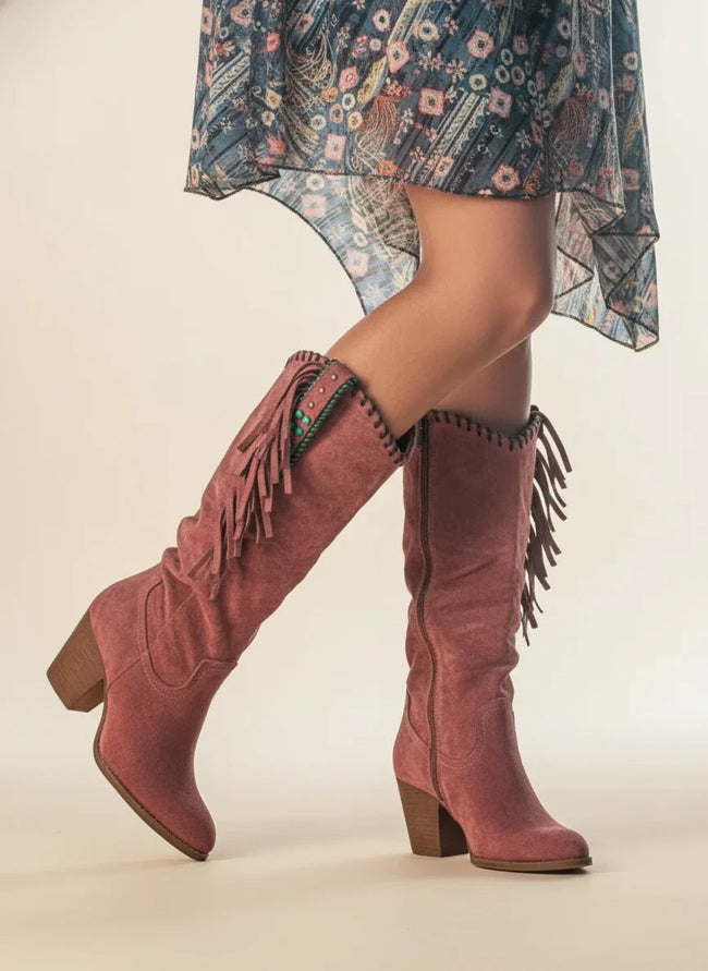 Sanne | Women's Knee High Fringed Block Heel Boots with Comfortable Casual