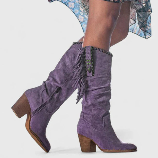 Sanne | Women's Knee High Fringed Block Heel Boots with Comfortable Casual