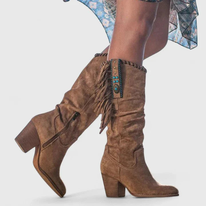 Sanne | Women's Knee High Fringed Block Heel Boots with Comfortable Casual