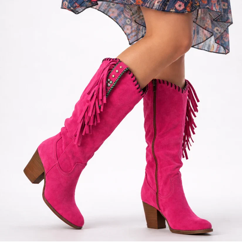 Sanne | Women's Knee High Fringed Block Heel Boots with Comfortable Casual