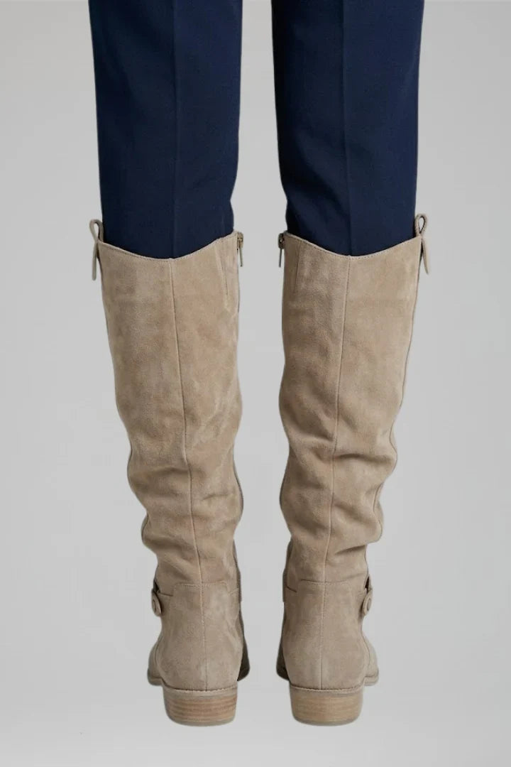 Freya | Women's Knee High Side Zip Suede Block Heel Boots with Comfortable