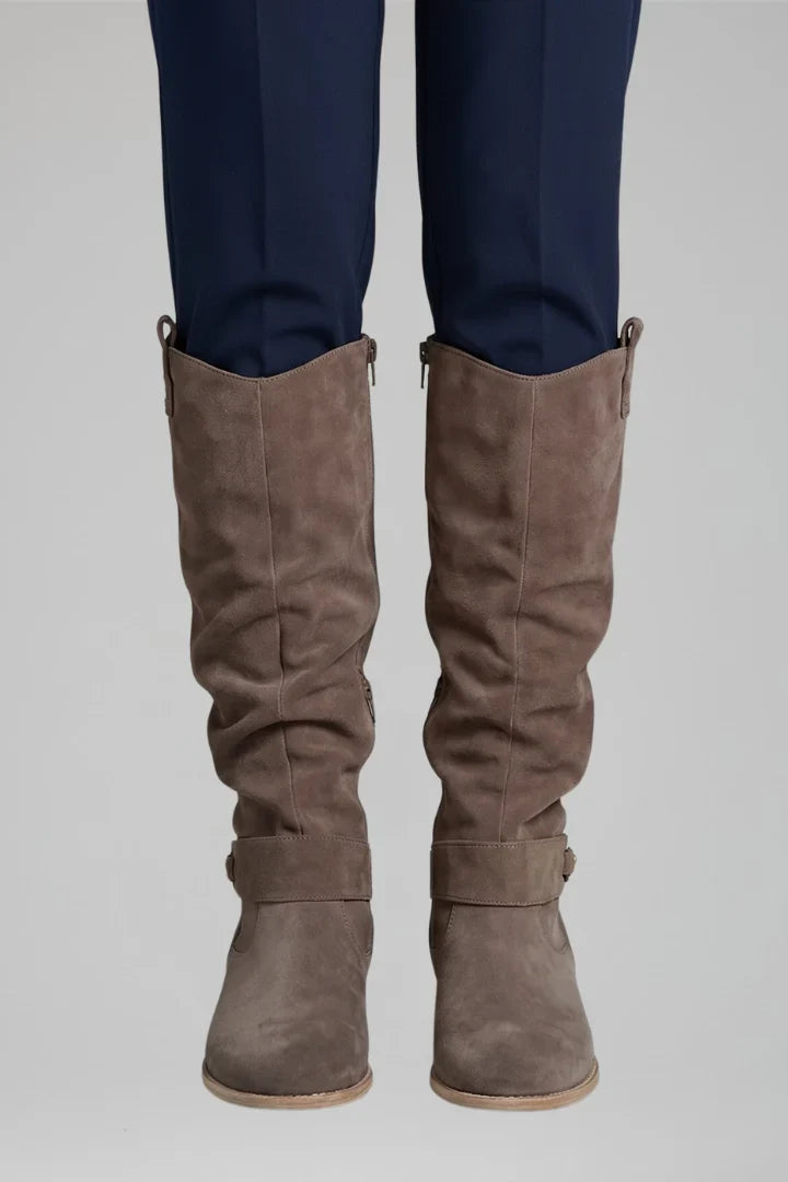 Freya | Women's Knee High Side Zip Suede Block Heel Boots with Comfortable