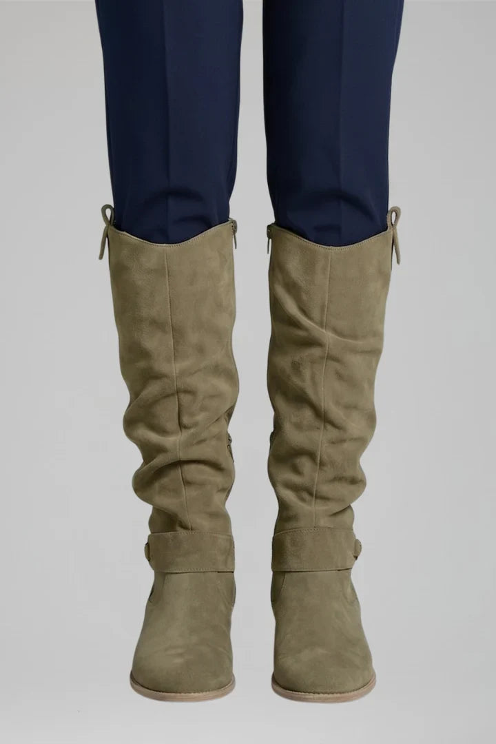 Freya | Women's Knee High Side Zip Suede Block Heel Boots with Comfortable