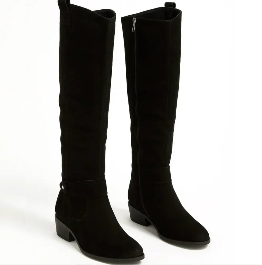 Freya | Women's Knee High Slouchy Suede Zipper Boots with Block-Heel Comfortable