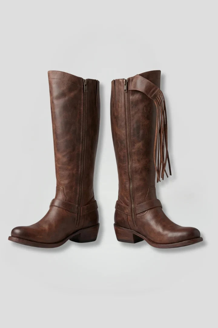 Freya | Women's Knee High Zipper Tassel Leather Boots with Comfortable Casual