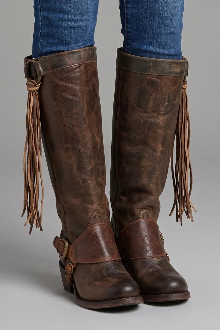 Freya | Women's Knee High Zipper Tassel Leather Boots with Comfortable Casual