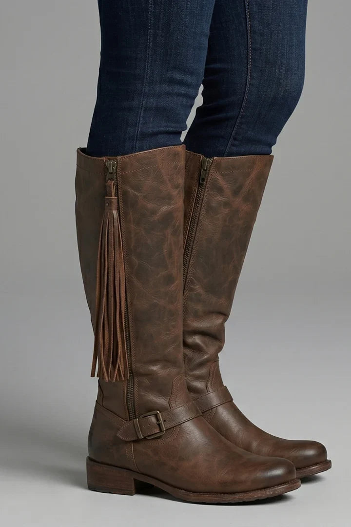 Freya | Women's Knee High Zipper Tassel Leather Boots with Comfortable Casual