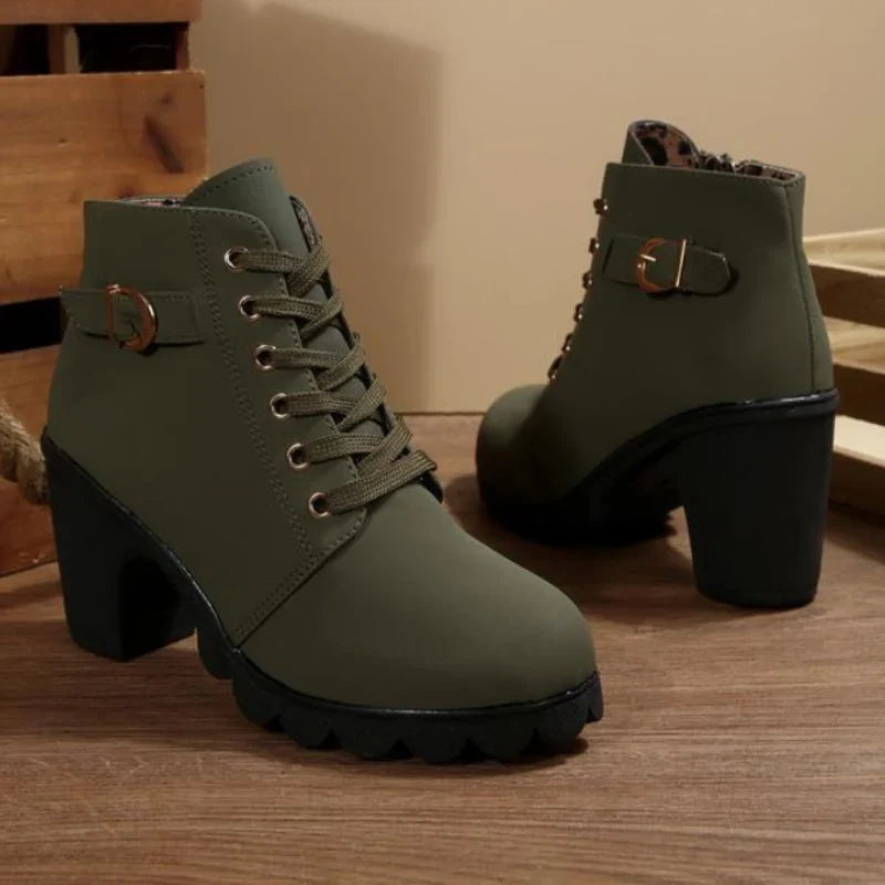 Wren | Women's Lace Up Ankle Chunky Buckle Heel Boots with Comfortable