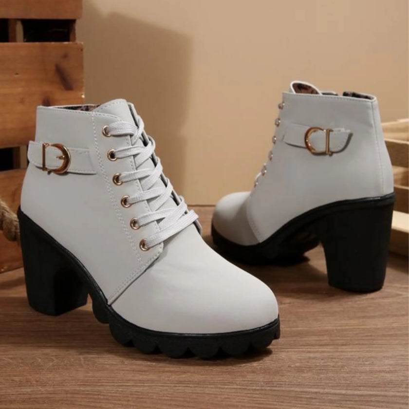 Wren | Women's Lace Up Ankle Chunky Buckle Heel Boots with Comfortable