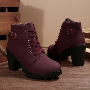 Wren | Women's Lace Up Ankle Chunky Buckle Heel Boots with Comfortable