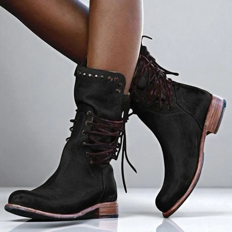 Freya | Women's Lace Up Ankle Studded Straps Boots with Pointed-Toe Comfortable