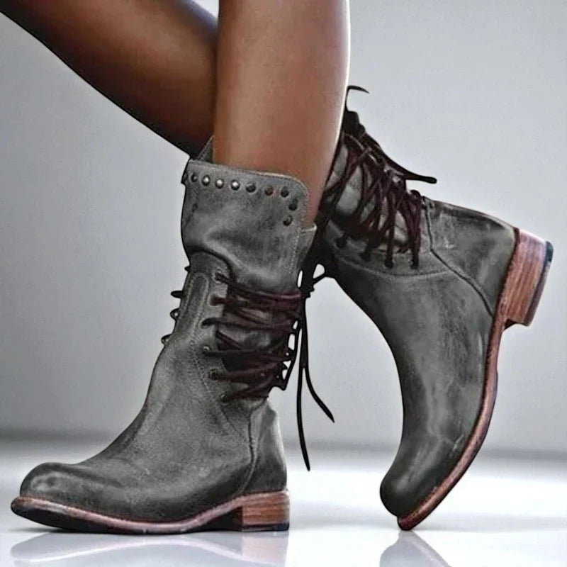 Freya | Women's Lace Up Ankle Studded Straps Boots with Pointed-Toe Comfortable