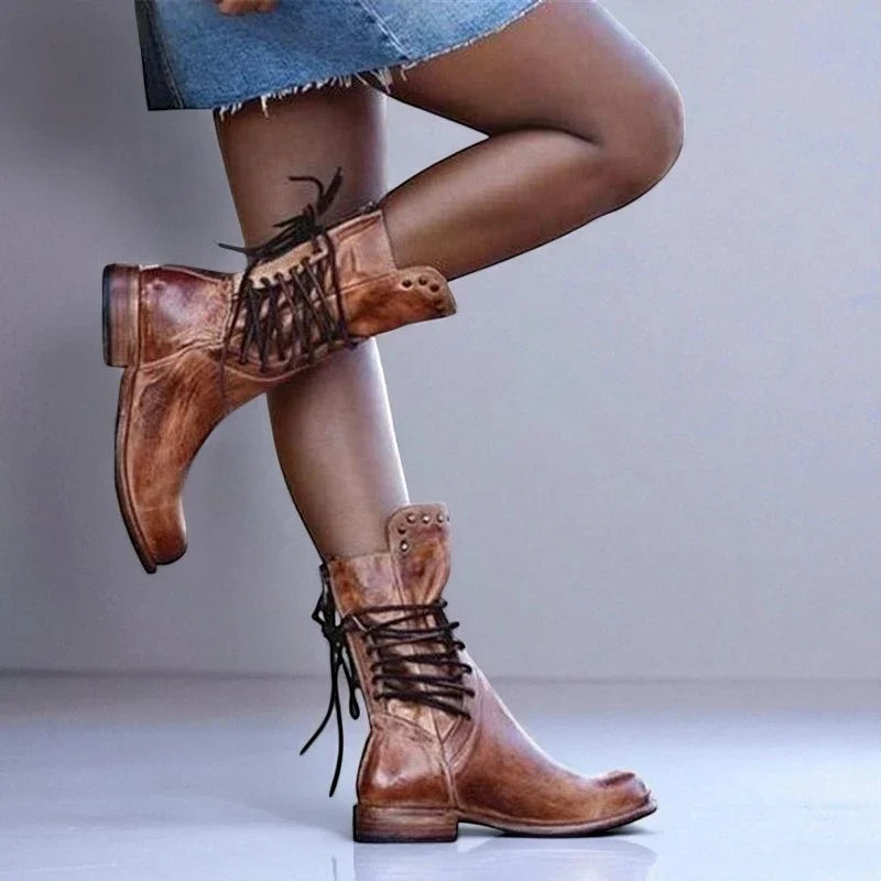 Freya | Women's Lace Up Ankle Studded Straps Boots with Pointed-Toe Comfortable