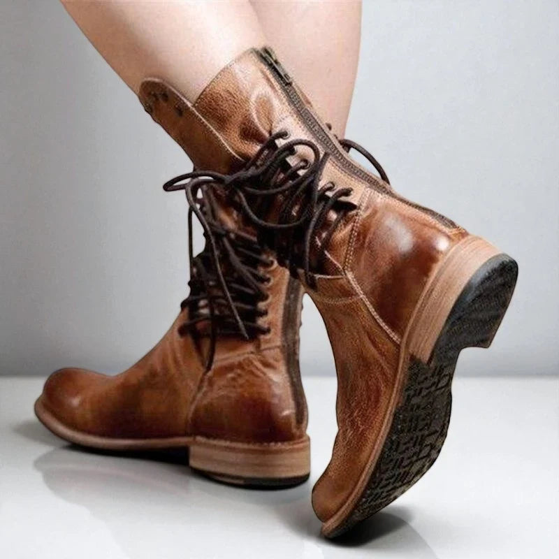 Freya | Women's Lace Up Ankle Studded Straps Boots with Pointed-Toe Comfortable