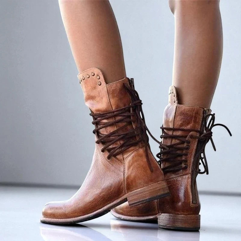 Freya | Women's Lace Up Ankle Studded Straps Boots with Pointed-Toe Comfortable