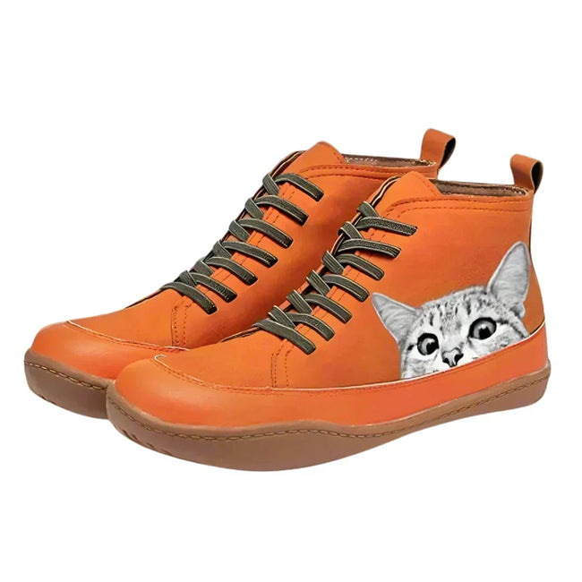 Freya | Women's Lace Up Cat Print Ankle Boots with Faux Leather